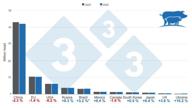 Dự kiến đàn heo nái ở các nước chăn nuôi chính vào năm 2023 và 2024. *Số liệu ở Brazil bao gồm số heo nái ở các trang trại công nghiệp và nông hộ nhỏ lẻ. Được biên soạn bởi 333 Châu Mỹ Latinh với dữ liệu từ FAS - USDA. 