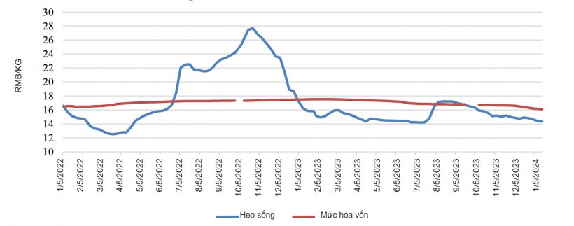 Gi&aacute; heo hơi trung b&igrave;nh to&agrave;n quốc ở Trung Quốc. &ldquo;Mức h&ograve;a vốn&rdquo; đề cập đến chi ph&iacute; ước t&iacute;nh từ khi đẻ đến khi xuất chuồng. Nguồn: MARA v&agrave; c&aacute;c nguồn trong ng&agrave;nh.&nbsp;
