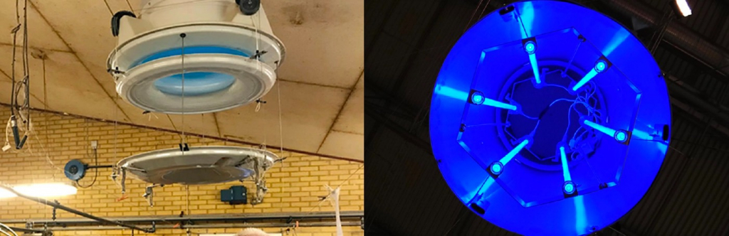 UV-C systems which are integrated in the ventilation inlets and radiates the incoming air before entering the pig unit